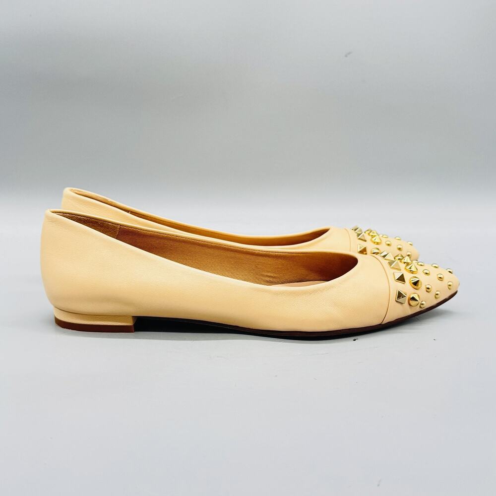 FS/NY Shoes Women 9.5 Beige Leather Gold Studded Cap Toe Ballet Flat Pointed Toe